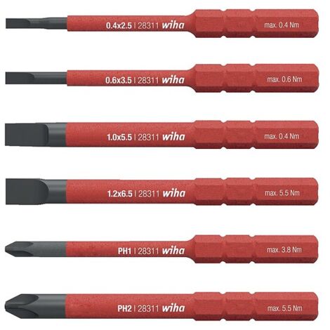 Boite de 6 embouts slim Fente - PH. isolés 1000V 2.5 - 3.5 - 5.5 - 6.5 - PH1 - PH2 - WIHA WERKZEUGE GMBH (1/5)