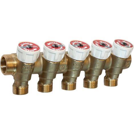 Giacomini – Collecteur avec robinet d'arrêt pour eau sanitaire – 4 sorties 3/4 MF 1/2 – Sorties en 1/2" à portée plate – Installation efficace et sécurisée
