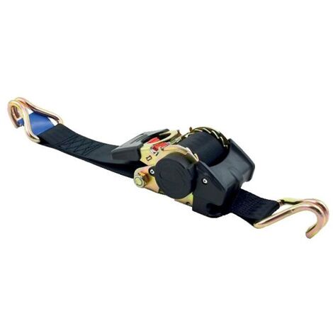 Sangle d'arrimage polyester à enrouleur automatique – Longueur 3m – Largeur 25mm – Charge maximale 300daN – Double crochet noir – Lecuyer