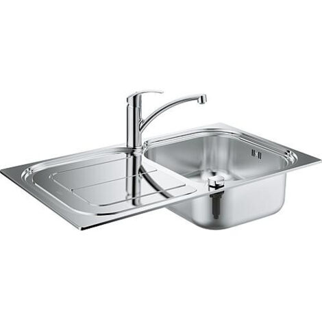 Pack évier Inox K200 860x500 mm 1 cuve + 1 égouttoir avec mitigeur de cuisine Eurosmart bec bas (33281002) - GROHE SARL (1/2)