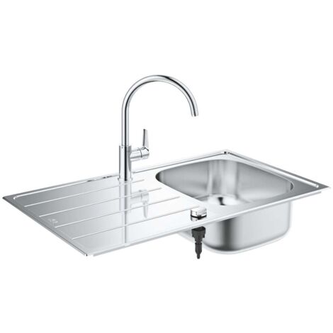 ÉVIER DE CUISINE EN ACIER INOXYDABLE AVEC ÉGOUTTOIR K200 GROHE, PACK AVEC ROBINET MITIGEUR BEC HAUT BAU EDGE GROHE, 86 X 50 X 18