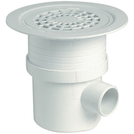 Nicoll – Siphon de sol PVC blanc – Sortie horizontale Ø50 – Sortie verticale Ø50/63 – Débit 1,3 L/s – Grille 133 mm pour sols plastiques