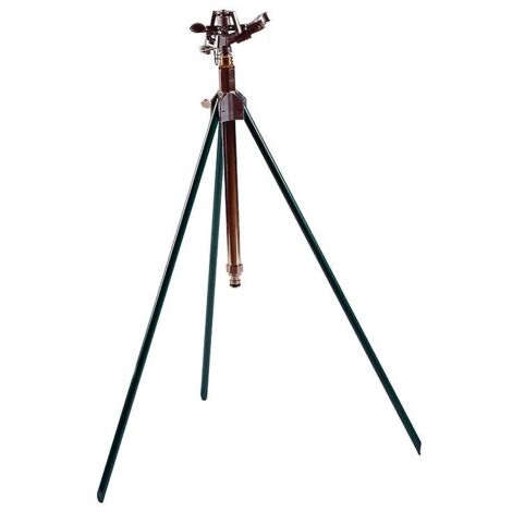 Arroseur canon tout laiton sur trépied acier, entrée 20x27 , réglable de 20° à 360°, arrosage de 400m² sous 4 bars - FAUQUET