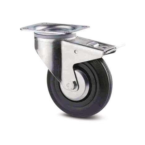 Roulette pivotante à frein sur platine charges moyennes 3377 charge 205kg roue caoutchouc Ø 200 mm avec roulement rouleaux - TENTE SAS