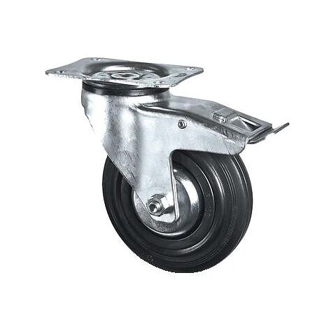 Roulette pivotante à frein sur platine charges légères 3377 charge 70kg roue caoutchouc diamètre 80mm avec moyeu lisse - Tente