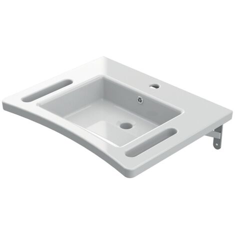 AKW – Vasque suspendue PMR en pierre synthétique blanche 600 x 480 x 130 mm – Ergonomique avec poignées – Charge 150 kg – Percée 1 trou et trop-plein (1/5)