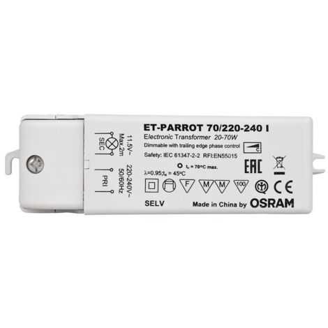 Osram – Transformateur électronique ET-PARROT 70/220-240V – Puissance 70W – Tension 220-240V – Efficacité énergétique 91% – Protection contre surcharges