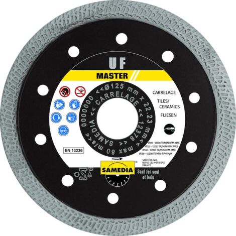 Disque diamant pour meuleuse 125 mm – Alésage 22.2 mm – Denture continue alternée – Pour céramique et grès cérame – Samedia