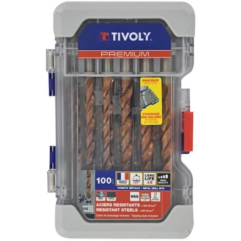 Tivoly – Coffret de forets HSS taraudeur 100 pièces – Plage de diamètres 1 à 13 mm – Attachement cylindrique – Renforts périphériques antichoc