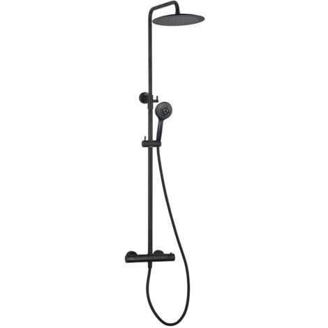 Colonne de douche thermostatique ronde noir mat – Mitigeur thermostatique – Pomme de tête 25 cm – Douchette ABS à 3 jets – Flexible 150 cm