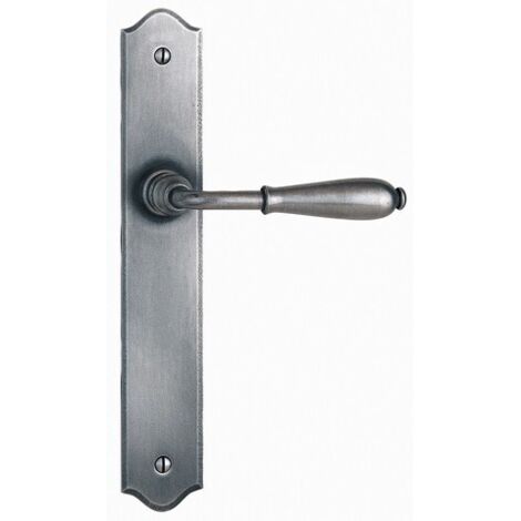 Poignée de porte coulissante fer patiné bec-de-cane – Plaque grande NEVERS 240x40mm – Entraxe serrure 70mm – Fixation traversante – Bouvet (1/3)