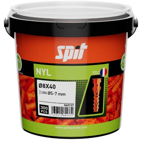 Spit – Cheville pour support plein nylon 8x40 – Seau de 300 unités – Fixation solide pour brique creuse et béton non fissuré – 60137