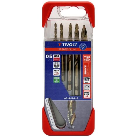 Coffret de 5 forets métaux HSS taillé meulé affûtage Tivoly Smart Point Premium diamètre 3 - 4 - 5 - 6 - 8 mm - TIVOLY (1/3)