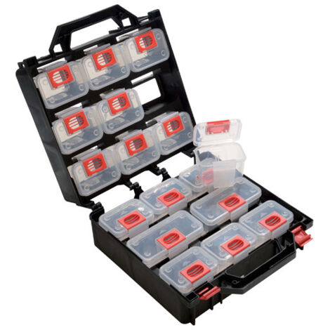 Sam Outillage – Organiseur de rangement pour petites pièces – 12 boîtes transparentes amovibles – Coffret rigide avec poignée – Dimensions 300 x 330 x 145 mm (1/2)