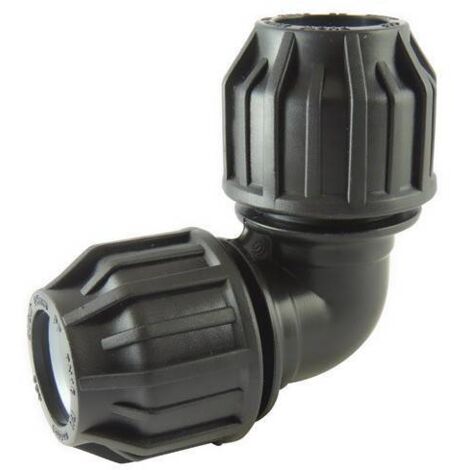 Coude 90° à compression pour tube PE – Raccord polypropylène haute densité – Joint lubrifié et imperdable – Pour irrigation et géothermie – Ezfitt