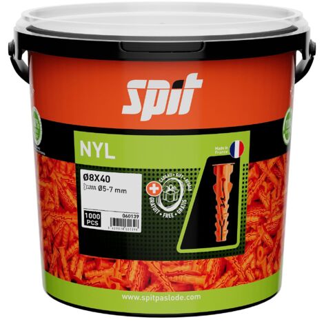 Spit – Cheville pour support plein nylon 8x40 – Seau de 1000 unités – Fixation solide pour brique pleine et béton non fissuré – 60139