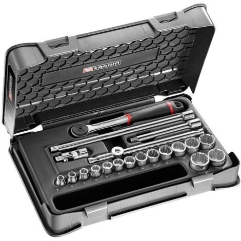 Facom – Coffret multi-outils 20 pièces – Douilles 8 à 22 mm – Cliquet réversible haute densité – Rallonges 125 et 250 mm – J1613P12 (1/2)