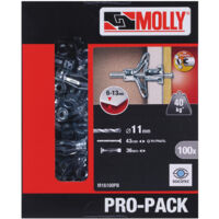 Chevilles métalliques à expansion pour parois creuses – Longueur 36 mm – Charge maximale 20 kg – Boîte de 100 unités – Anti-corrosion – Molly