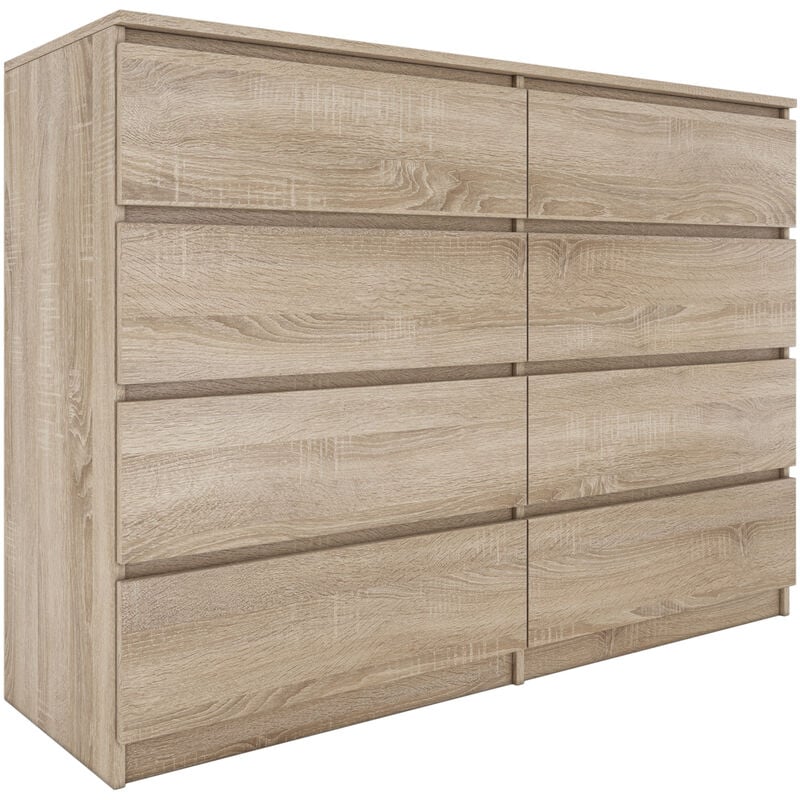 MILAN - Commode large  8 tiroirs chambre salon - 97x138x40 - Design minimaliste - Meuble de rangement - Aspect bois