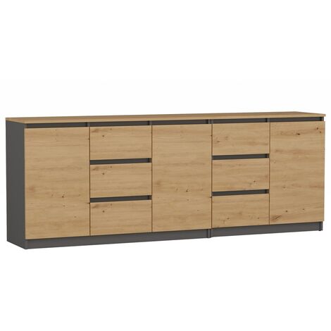 COSTI - Buffet long 3 portes + 6 tiroirs - 200x40x75 cm - Meuble de rangemnt salon salle à manger