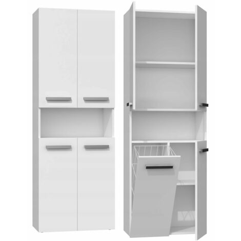 Hucoco – Colonne de salle de bain 174x60x30 cm – Corps en panneau de particules laminé – Finition blanche mate – Avec panier et poignées argentées