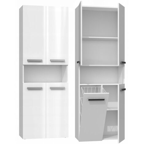 Hucoco – Colonne de salle de bain 174x60x30 cm – 4 étagères fermées et 1 ouverte – Corps en panneau de particules – Poignées argentées