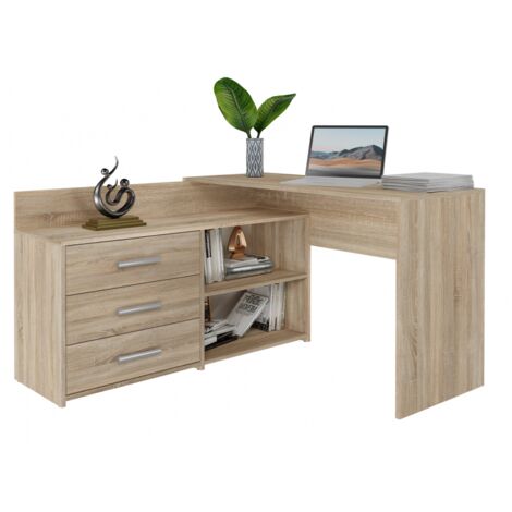 Topeshop – Bureau d'angle avec rangement 3 tiroirs et 2 étagères – Dimensions 120x50x76 cm – Panneaux de particules mélaminés – Montage facile (1/4)