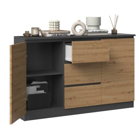 CAZAR - Commode 2 portes + 3 tiroirs - Dimensions : 75x120x40 - Meuble de rangement - Buffet