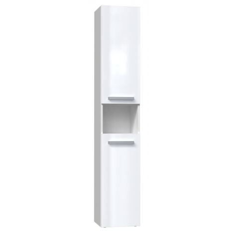 Hucoco – Colonne de salle de bain 2 portes – Hauteur 174cm, Largeur 31cm, Profondeur 30cm – Finition blanc brillant – Niche centrale
