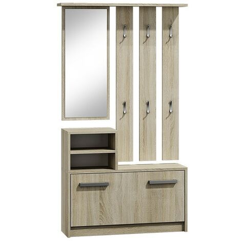Topeshop – Meuble d'entrée avec miroir et 6 crochets – Rangement chaussures 180x85x24 cm – Panneaux mélaminés – Assemblage facile