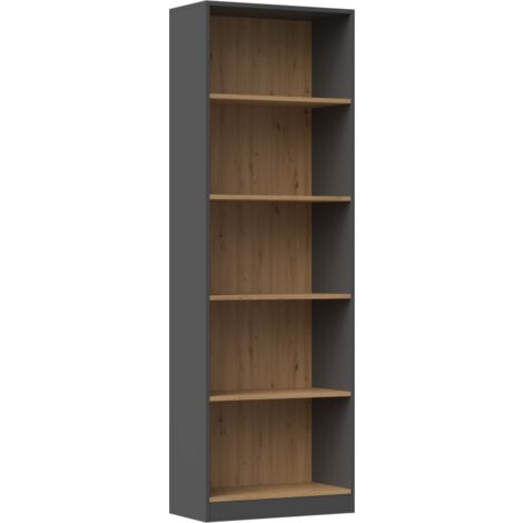 Topeshop – Bibliothèque 5 étagères 182x60x30 cm – Structure panneaux de particules mélaminés – Finition gris mat et aspect bois – Meuble de rangement moderne (1/4)