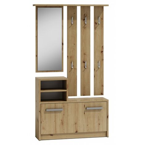 Topeshop – Meuble d'entrée contemporain 6 crochets – Miroir et rangement chaussures 180x85x24 – Panneaux mélaminés – Assemblage simple