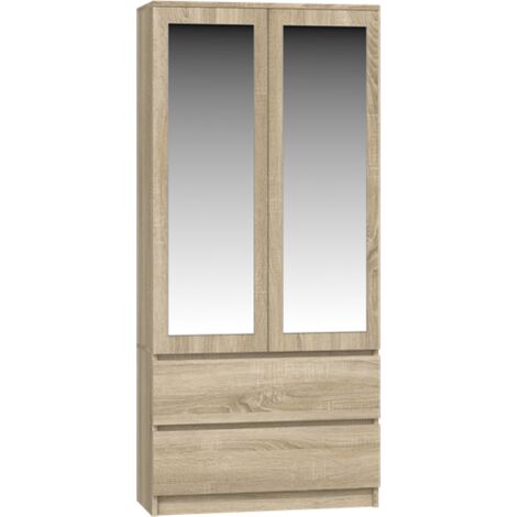 Topeshop – Armoire moderne 2 portes avec miroir – Dimensions 90x50x180 cm – 2 tiroirs – Finition aspect bois sonoma – À monter soi-même (1/4)