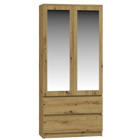 TURIN - Armoire 2 portes avec miroir style moderne chambre à coucher - 90x50x180 - 2 tiroirs - Chêne (1/4)