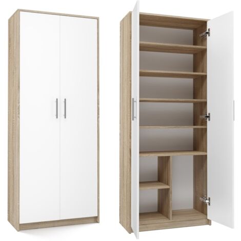 Topeshop – Armoire moderne 6 étagères 180x74x35cm – Panneau stratifié 16mm – Meuble de rangement pour bureau – Blanc et sonoma