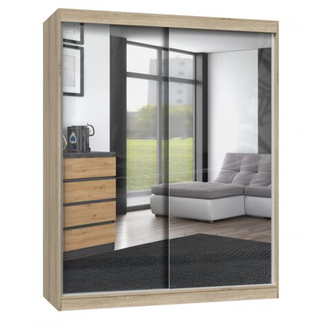PAOLO - Armoire à 2 portes coulissantes - 2 miroirs - L. 160 cm - Dressing de chambre 2 portes