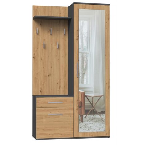 Topeshop – Vestiaire d'entrée moderne avec miroir – Armoire 180x50x35cm – Meuble à chaussures 57x50x35cm – Panneau mural avec étagère 124x50x27cm