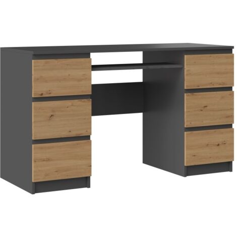 Topeshop – Bureau droit 130x51x76 cm – 6 tiroirs – Support clavier coulissant – Panneaux mélaminés gris mat + aspect bois – Fabriqué en Europe
