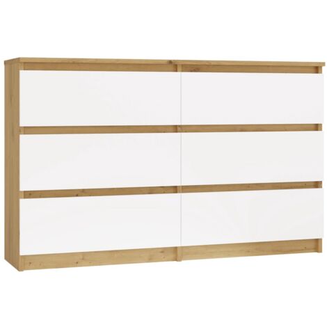 Topeshop – Commode enfant 6 tiroirs 120x75x30cm – Corps chêne artisan, façades blanches – Ergonomique sans poignée – Meuble moderne