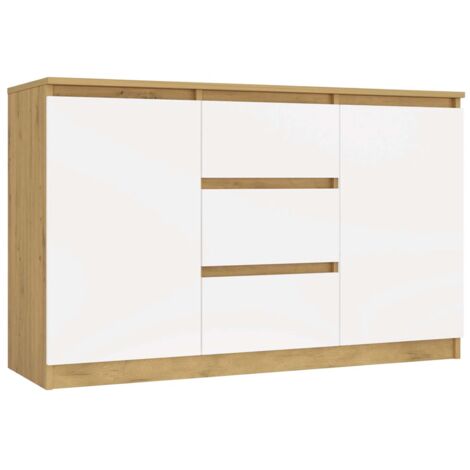 CAZAR - Commode 2 portes + 3 tiroirs - Dimensions : 75x120x40 - Buffet - Artisan et Blanc (1/5)