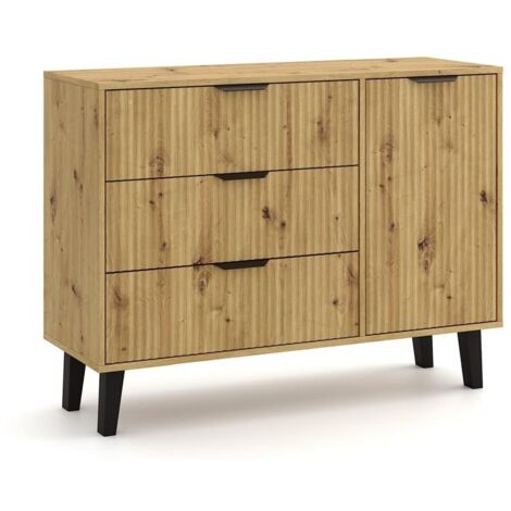 SONIA - Buffet 3 tiroirs + 1 porte style scandinave rainurés - 110x39x81.5cm - Meuble de rangement - Chêne (1/5)