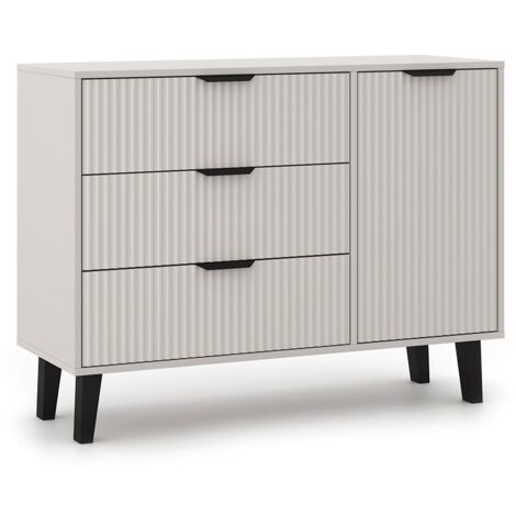 SONIA - Buffet 3 tiroirs + 1 porte style scandinave rainurés - 110x39x81.5cm - Meuble de rangement - Beige cachemire