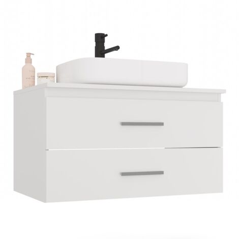 Topeshop – Meuble bas de salle de bain 2 tiroirs – Blanc – Largeur 80 cm – Siphon mural recommandé – Pour lavabo à poser