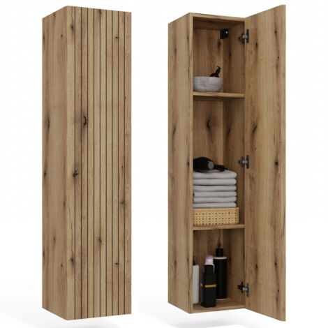 Topeshop – Armoire murale de salle de bain suspendue – Façade rainurée chêne evoke – Dimensions 135x31x29,5 cm – Montage suspendu, intérieur divisé