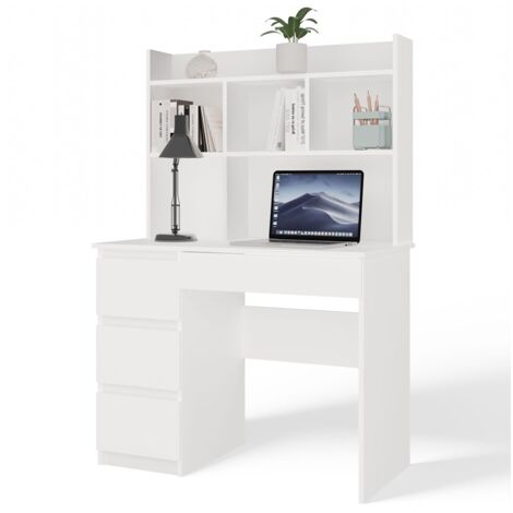 MIJAS GAUCHE - Bureau 98×51×146 cm 4 tiroirs et 4 rayons avec étagère supérieure pour bureau / chambre - Blanc (1/5)