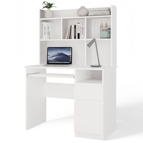 PORTO DROIT - Bureau 98×51×145 cm 3 tiroirs et rayons avec étagère supérieure pour bureau / chambre - Blanc (1/5)