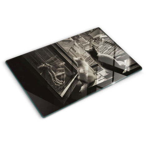Planche de cuisine, couvre plaque, verre planche découper, verre trempé – 80 x 52 cm - Des chats à la fenêtre