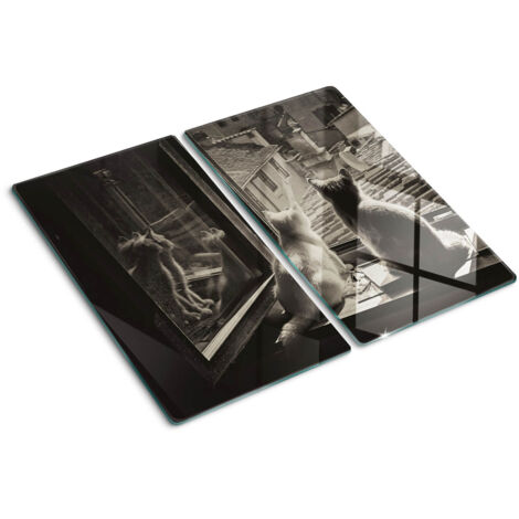 Planche de cuisine, couvre plaque, verre planche découper, verre trempé – 2 x 30 x 52 cm - Des chats à la fenêtre