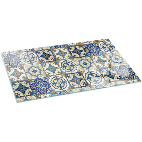 Base décorative Grande Plaque en verre trempé de sol avec impression moderne sous cheminée Motif mosaïque avec fleurs 140x70 cm