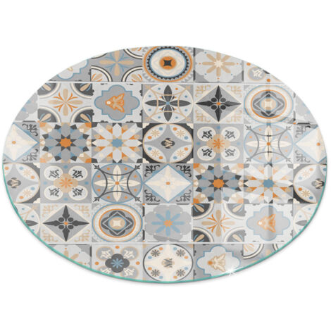 Plaque de protection de sol en verre trempé pour cheminée et poêle à bois pare-feu contre les étincelles Motifs mosaïques sur carreaux Ronde fi 60 cm